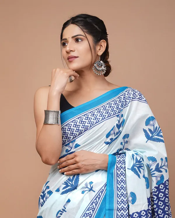 White_And_Blue_Pure_Cotton_Hand_Block_Printed_Saree_For_Women