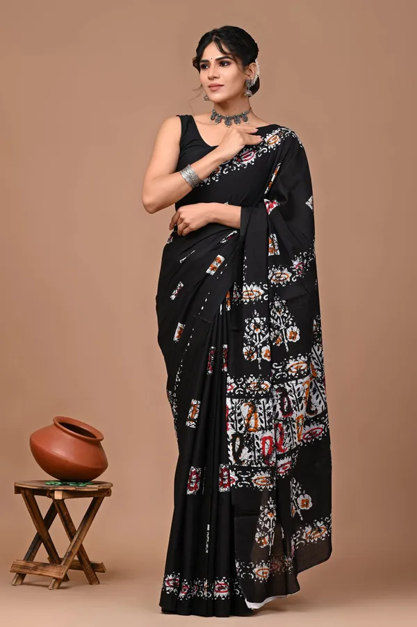 Black_Pure_Cotton_Hand_Block_Printed_Saree_For_Women