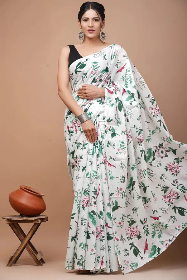 White_Pure_Cotton_Hand_Block_Printed_Saree_For_Women