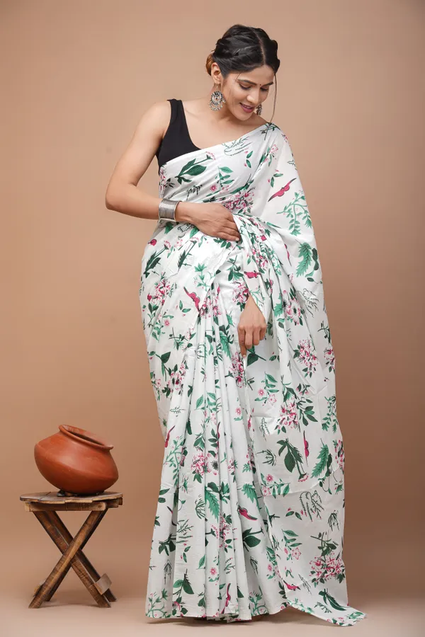 White_Pure_Cotton_Hand_Block_Printed_Saree_For_Women