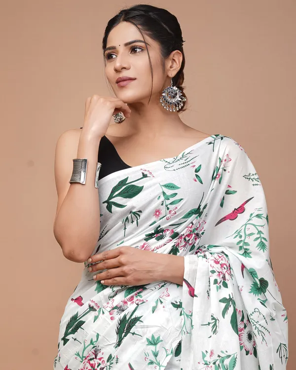 White_Pure_Cotton_Hand_Block_Printed_Saree_For_Women