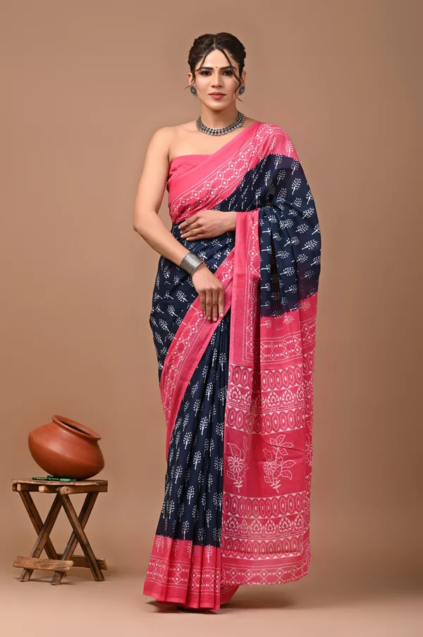 Navy_Blue_And_Pink_Pure_Cotton_Hand_Block_Printed_Saree_For_Women