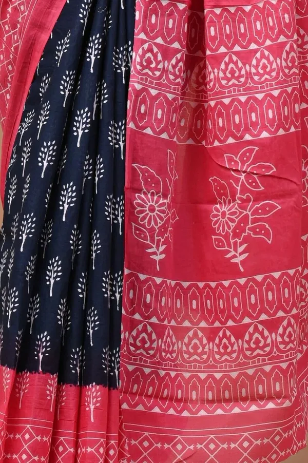 Navy_Blue_And_Pink_Pure_Cotton_Hand_Block_Printed_Saree_For_Women