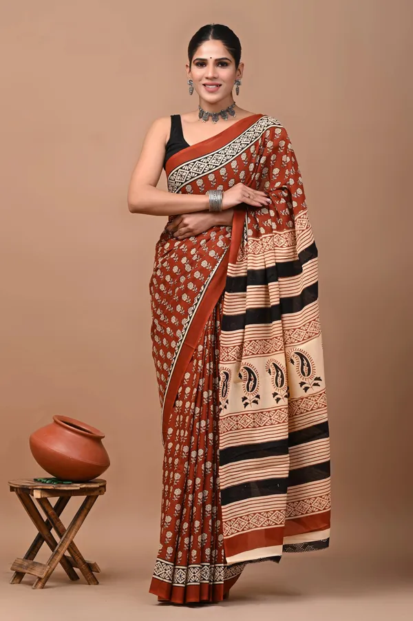Brown_Pure_Cotton_Hand_Block_Printed_Saree_For_Women