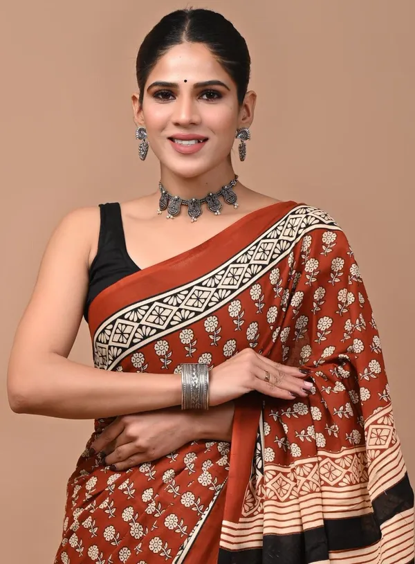 Brown_Pure_Cotton_Hand_Block_Printed_Saree_For_Women