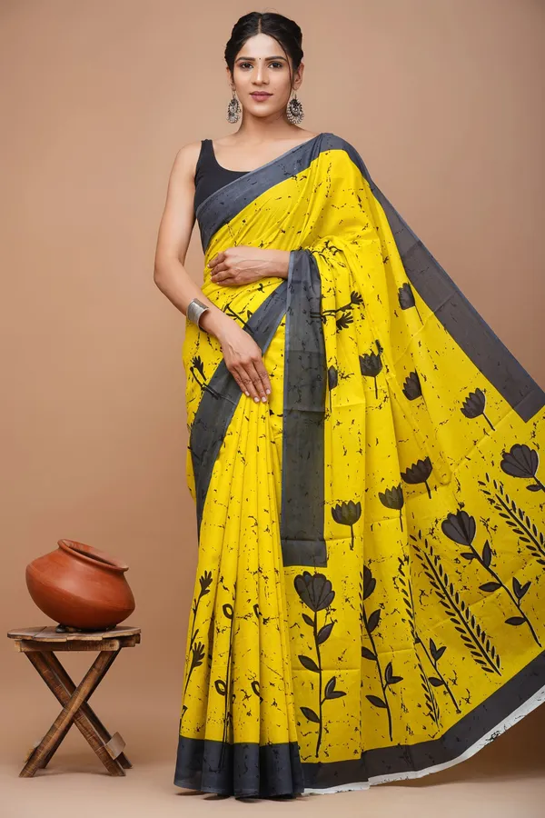 Yellow_And_Grey_Pure_Cotton_Hand_Block_Printed_Saree_For_Women