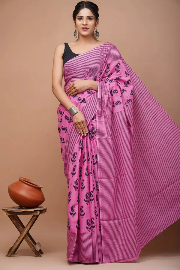 Pink_And_Black_Pure_Cotton_Hand_Block_Printed_Saree_For_Women