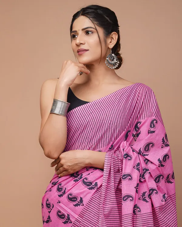 Pink_And_Black_Pure_Cotton_Hand_Block_Printed_Saree_For_Women