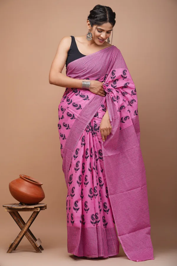 Pink_And_Black_Pure_Cotton_Hand_Block_Printed_Saree_For_Women