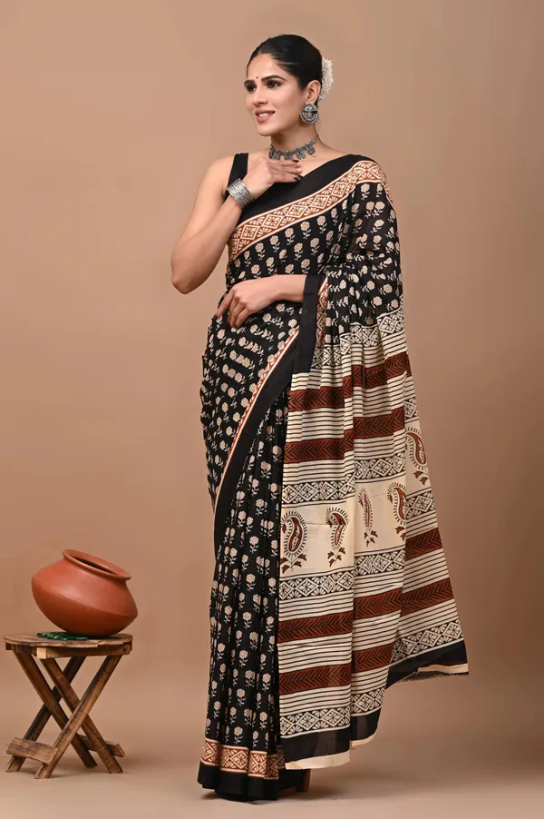 Black_Pure_Cotton_Hand_Block_Printed_Saree_For_Women
