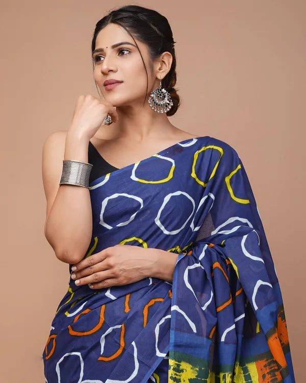 Blue_Pure_Cotton_Hand_Block_Printed_Saree_For_Women