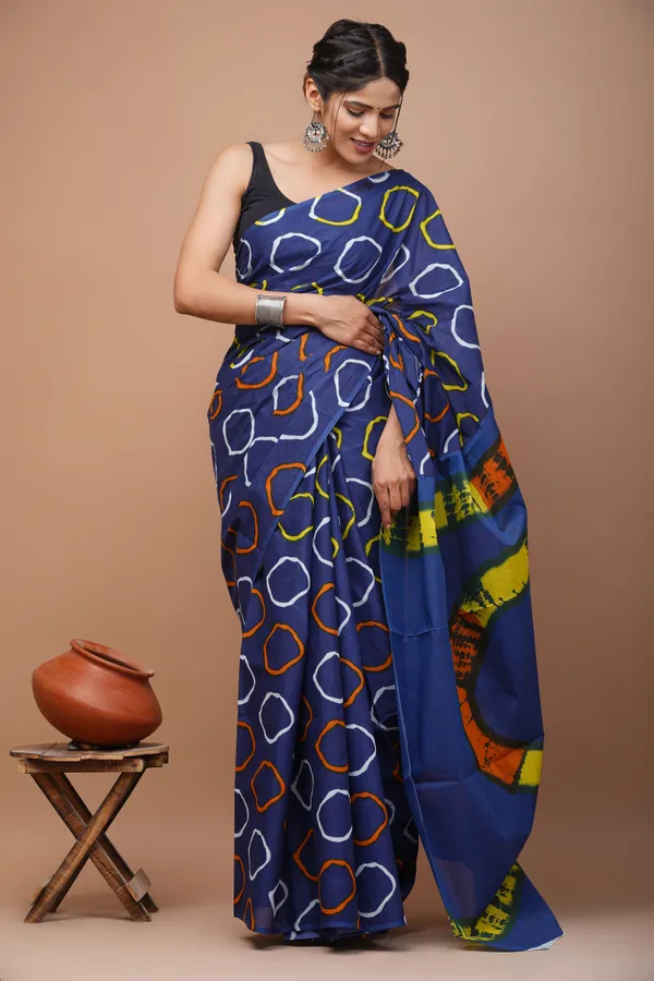 Blue_Pure_Cotton_Hand_Block_Printed_Saree_For_Women