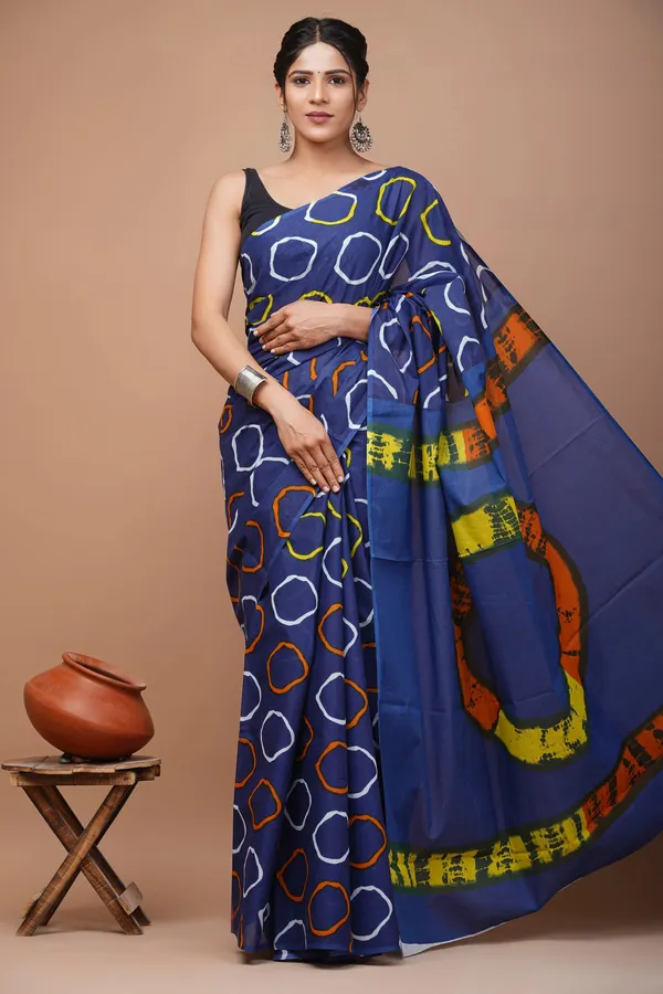 Blue_Pure_Cotton_Hand_Block_Printed_Saree_For_Women