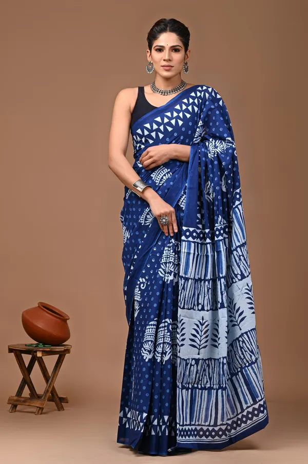 Blue_Pure_Cotton_Hand_Block_Printed_Saree_For_Women