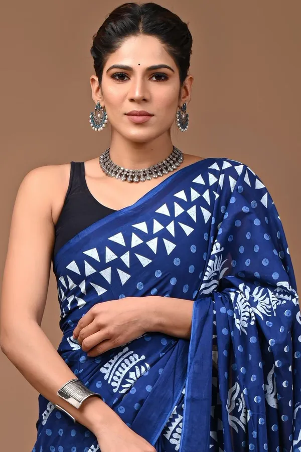 Blue_Pure_Cotton_Hand_Block_Printed_Saree_For_Women