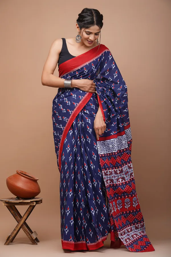 Blue_And_Maroon_Pure_Cotton_Hand_Block_Printed_Saree_For_Women