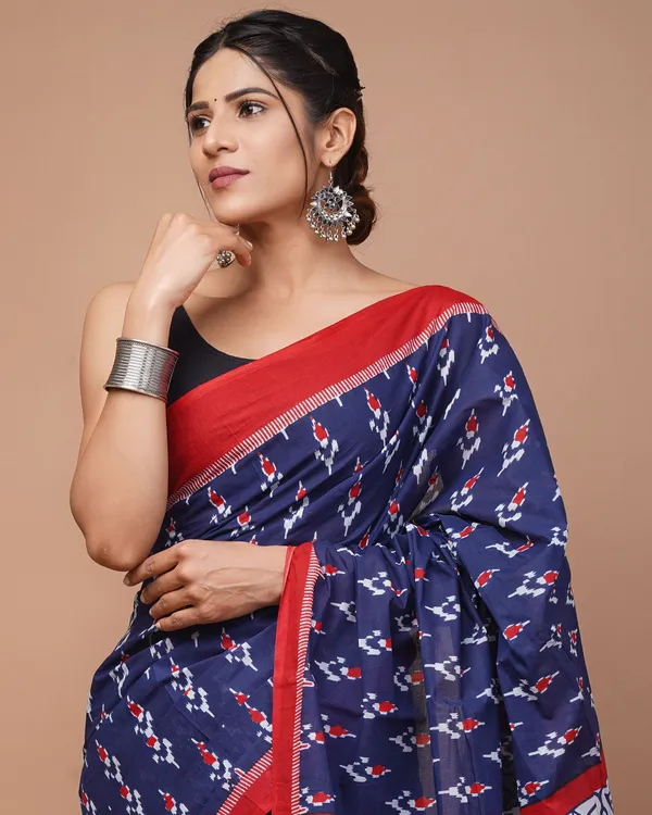 Blue_And_Maroon_Pure_Cotton_Hand_Block_Printed_Saree_For_Women