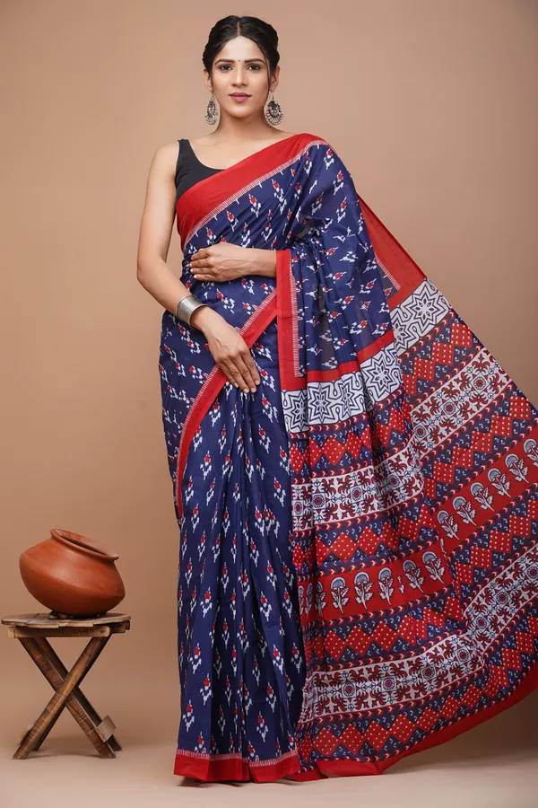 Blue_And_Maroon_Pure_Cotton_Hand_Block_Printed_Saree_For_Women