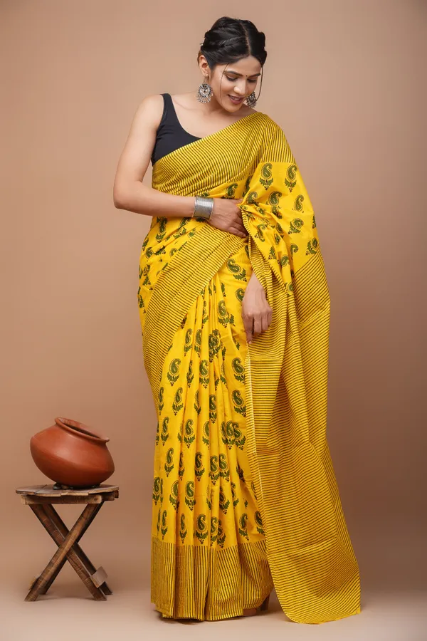 Mustard_Pure_Cotton_Hand_Block_Printed_Saree_For_Women