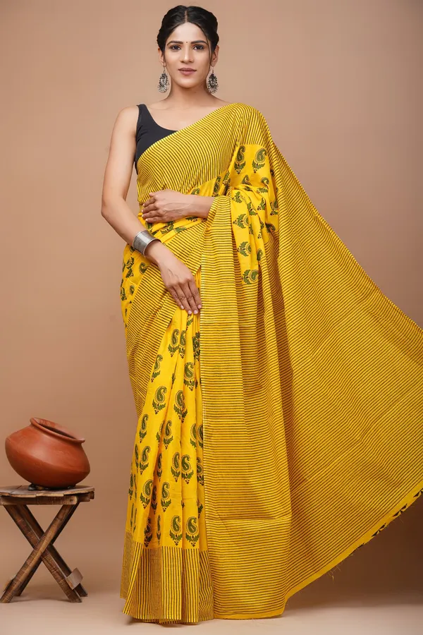 Mustard_Pure_Cotton_Hand_Block_Printed_Saree_For_Women