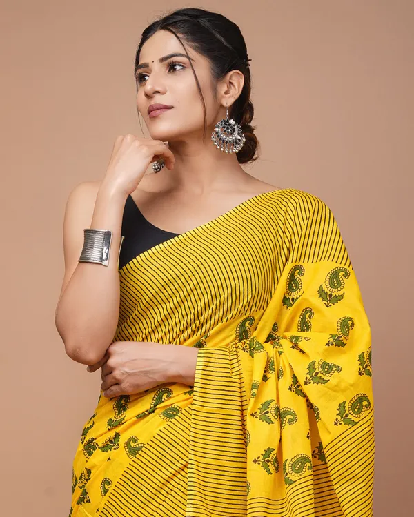 Mustard_Pure_Cotton_Hand_Block_Printed_Saree_For_Women