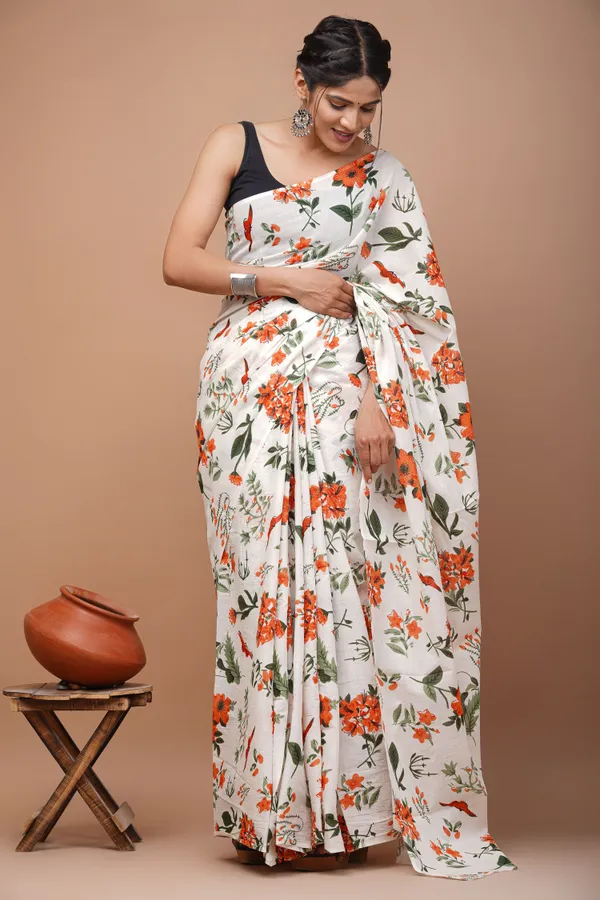 White_Pure_Cotton_Hand_Block_Printed_Saree_For_Women