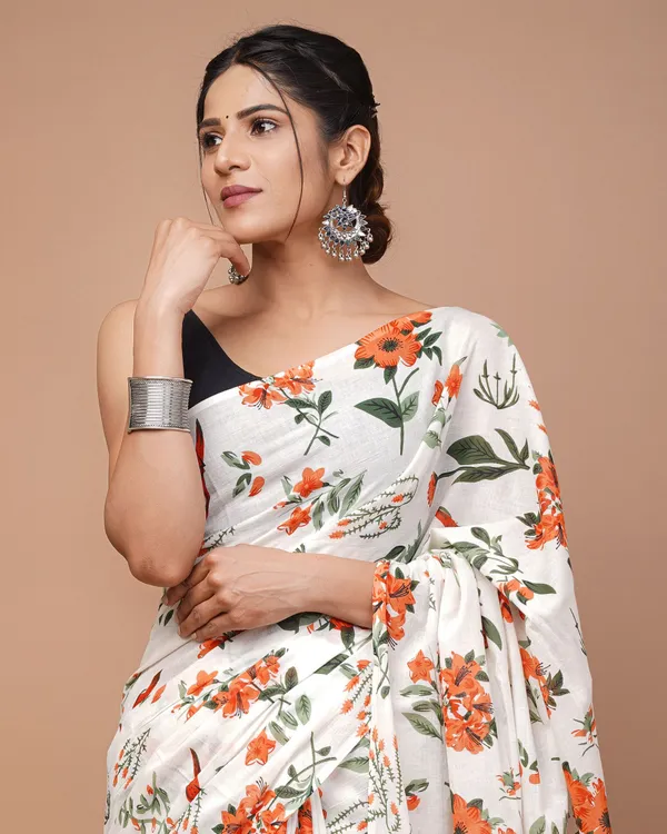 White_Pure_Cotton_Hand_Block_Printed_Saree_For_Women