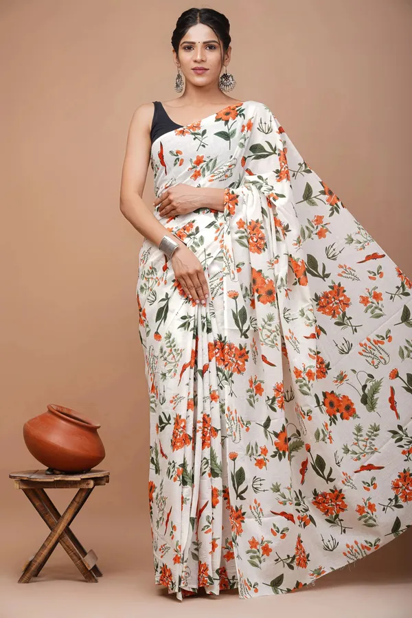 White_Pure_Cotton_Hand_Block_Printed_Saree_For_Women