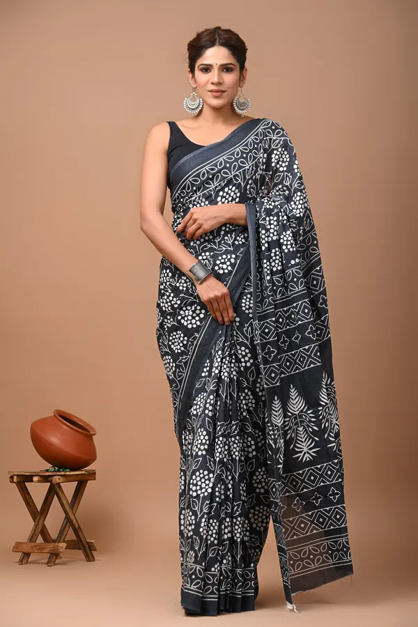 Grey_Pure_Cotton_Hand_Block_Printed_Saree_For_Women