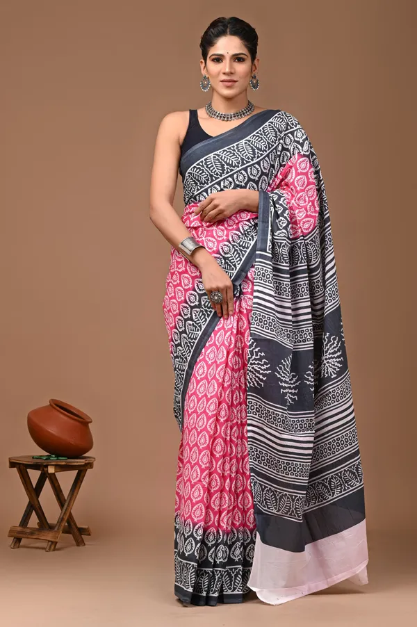 Grey_And_Pink_Pure_Cotton_Hand_Block_Printed_Saree_For_Women