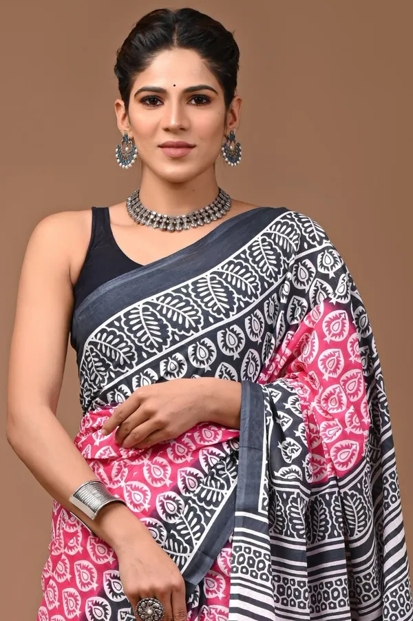 Grey_And_Pink_Pure_Cotton_Hand_Block_Printed_Saree_For_Women