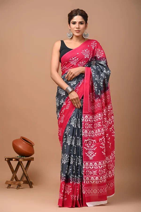 Grey_And_Pink_Pure_Cotton_Hand_Block_Printed_Saree_For_Women