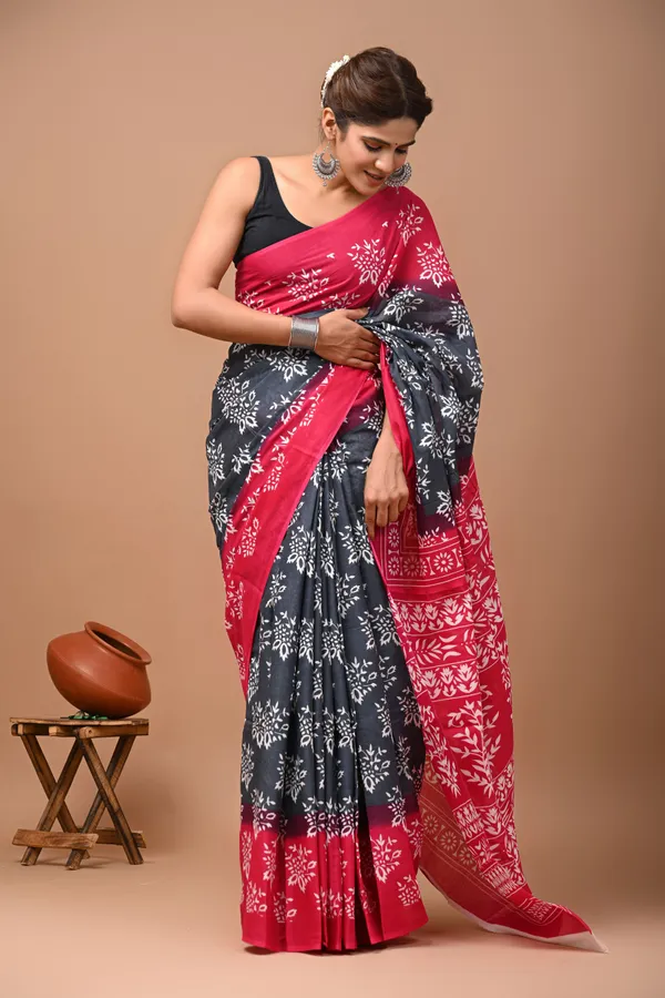 Grey_And_Pink_Pure_Cotton_Hand_Block_Printed_Saree_For_Women