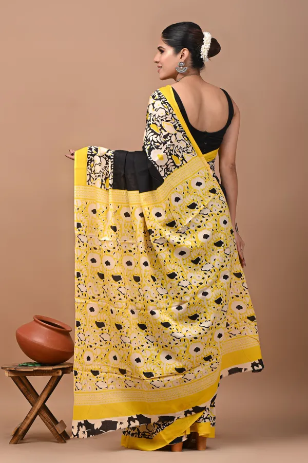 Yellow_And_Black_Pure_Cotton_Hand_Block_Printed_Saree_For_Women