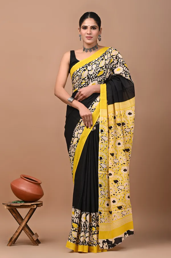Yellow_And_Black_Pure_Cotton_Hand_Block_Printed_Saree_For_Women