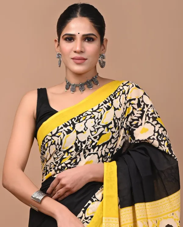 Yellow_And_Black_Pure_Cotton_Hand_Block_Printed_Saree_For_Women