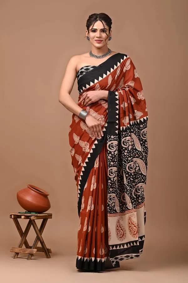 Maroon_And_Black_Pure_Cotton_Hand_Block_Printed_Saree_For_Women