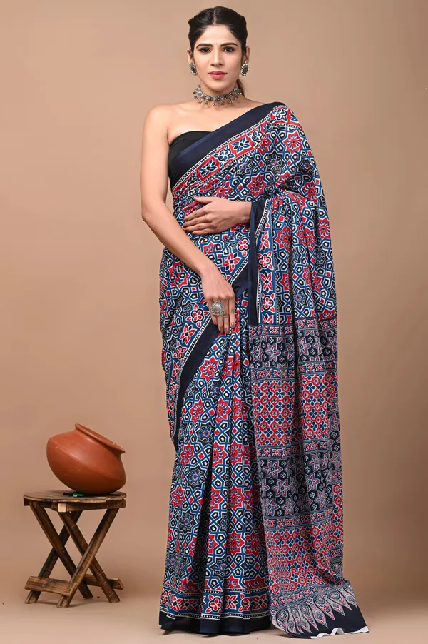 Multicolor_Pure_Cotton_Hand_Block_Printed_Saree_For_Women