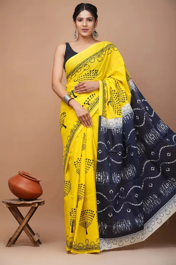Yellow_And_Blue_Pure_Cotton_Hand_Block_Printed_Saree_For_Women