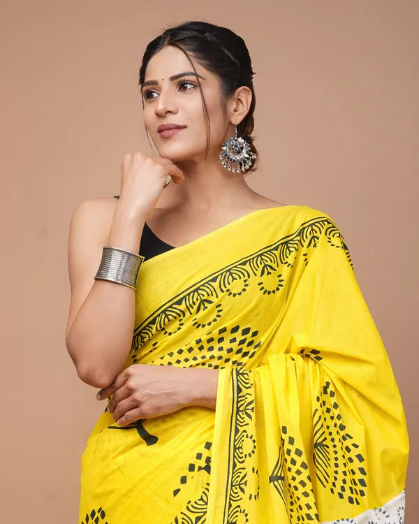 Yellow_And_Blue_Pure_Cotton_Hand_Block_Printed_Saree_For_Women