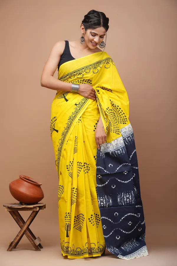 Yellow_And_Blue_Pure_Cotton_Hand_Block_Printed_Saree_For_Women