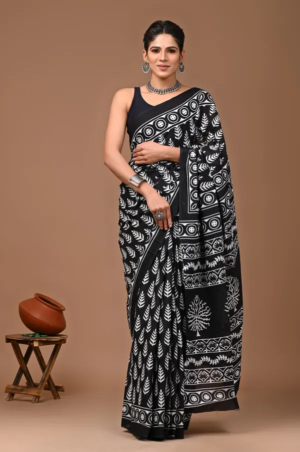 Black_Pure_Cotton_Hand_Block_Printed_Saree_For_Women