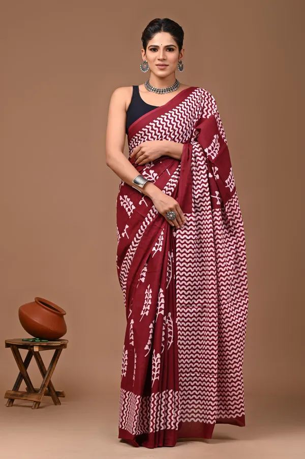 Maroon_Pure_Cotton_Hand_Block_Printed_Saree_For_Women