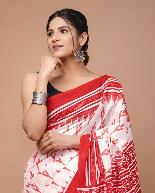 Red_And_White_Pure_Cotton_Hand_Block_Printed_Saree_For_Women