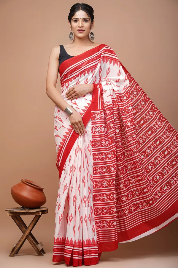Red_And_White_Pure_Cotton_Hand_Block_Printed_Saree_For_Women