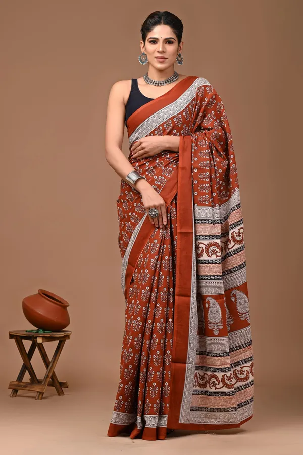 Brown_Pure_Cotton_Hand_Block_Printed_Saree_For_Women