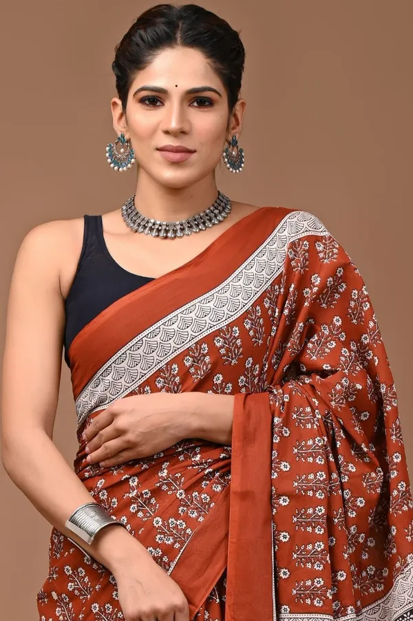 Brown_Pure_Cotton_Hand_Block_Printed_Saree_For_Women