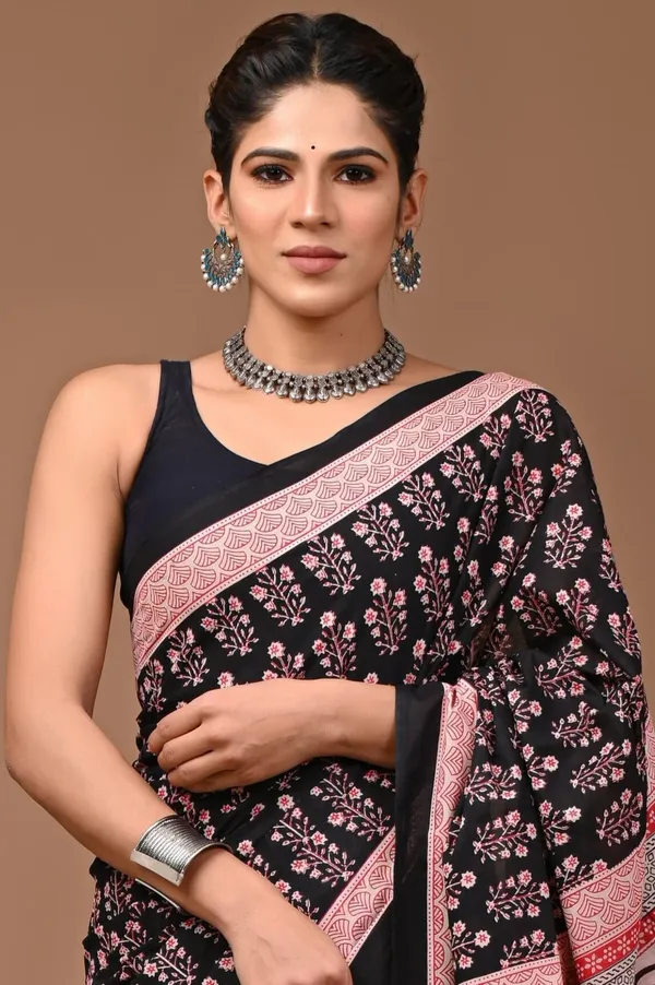 Black_And_Pink_Pure_Cotton_Hand_Block_Printed_Saree_For_Women