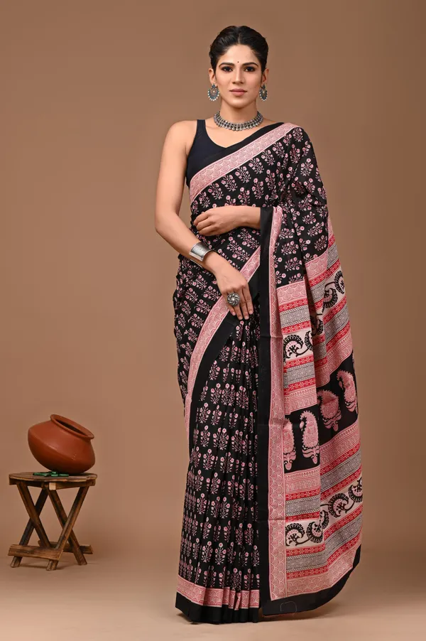 Black_And_Pink_Pure_Cotton_Hand_Block_Printed_Saree_For_Women