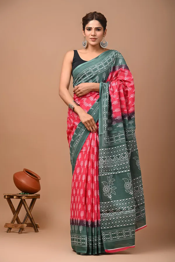 Grey_And_Pink_Pure_Cotton_Hand_Block_Printed_Saree_For_Women